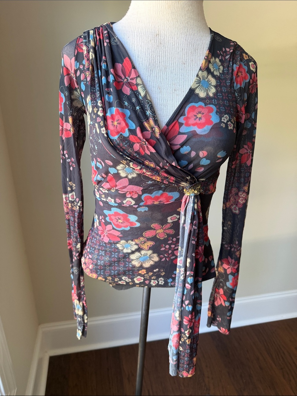 Women’s Floral Wrap Tunic Top in Charcoal and Coral
